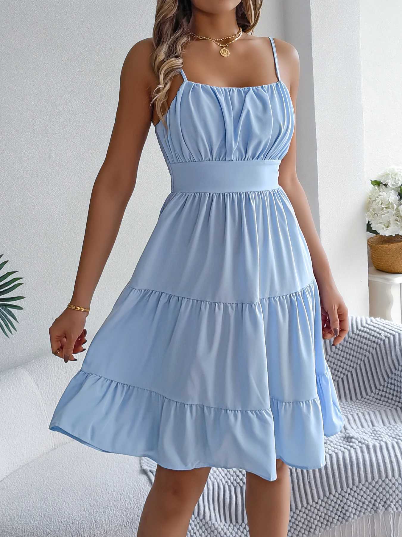 Casual Vacation Ruffled Camisole Dress Spring Summer Womens Solid Dresses for Women XJ250814