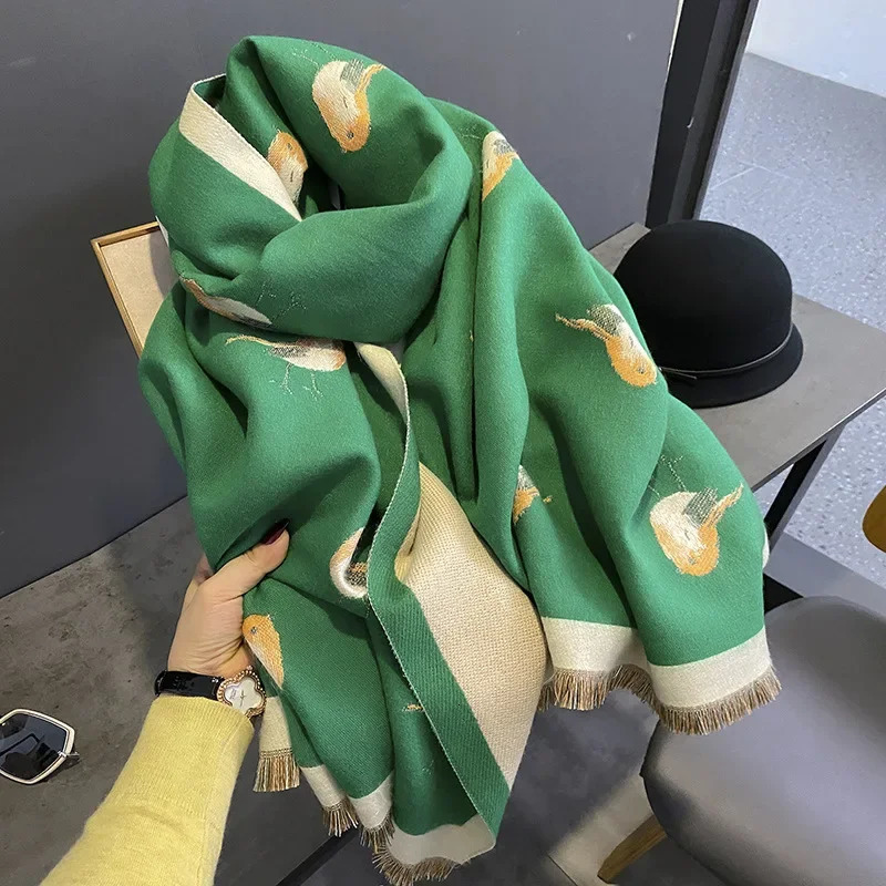 Women Thick Shawl Wraps Scarf Green Bird Air-conditioned Room Shawl with Thick Warm Long High-grade Cashmere 250808