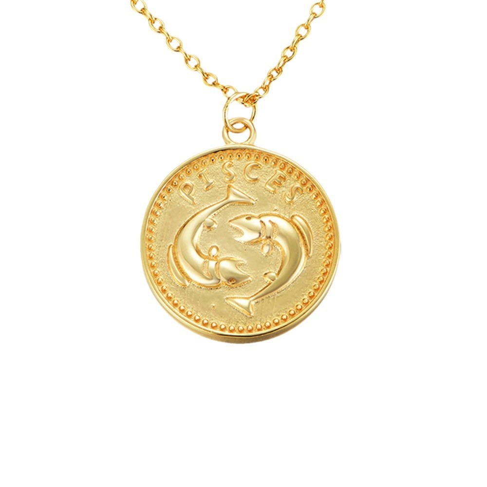 S Pure Sier Gold-Plated Coin Zodiac Necklace for Women Pendant Ins Style Trend Collarbone Chain
