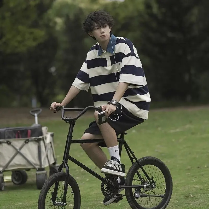 Japanese Retro Striped Color Blocked Short Sleeved Polo Shirt For Mens Y2k Summer Trend Loose And Versatile Polo Shirt Fashion 250813