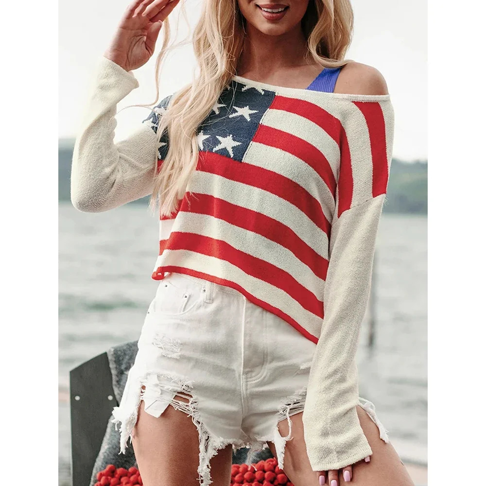CPSYMYM Womens Sweater Autumn Fashion Fitting Slim American Flag Long Sleeve One-Shoulder Streetwear Sweater 250808