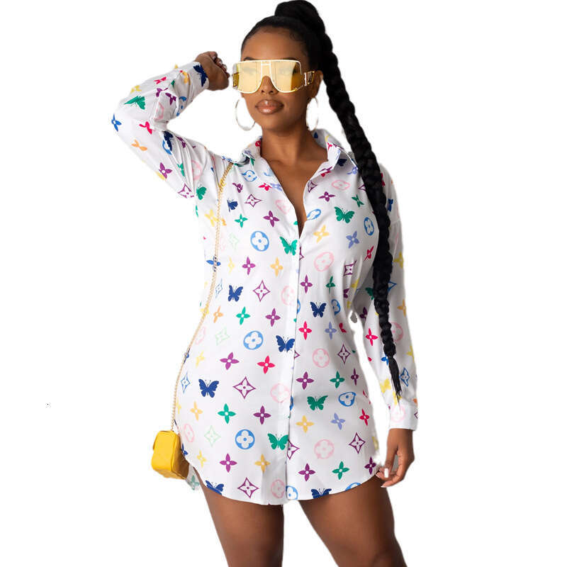 Women's Autumn Winter New Fashion Printed Turn-Down Collar Bodycon Shirt Dress