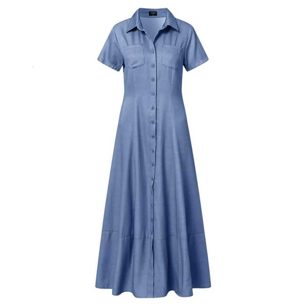2024 Women New Lapel Pocket Splicing Casual Short Sleeve Solid Color Large Swing Denim Dress Loose Single Breasted Shirt Dress XJ250814