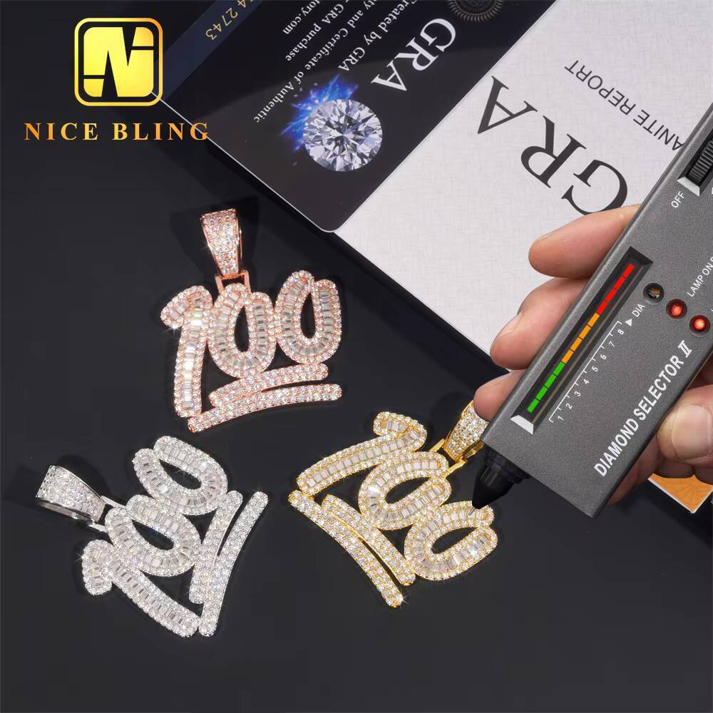 Custom Iced Out Number 100 Hip Hop Moissanite Jewelry Pendant VVS Moissanite 925 Sterling Silver Hip Hop Pendant