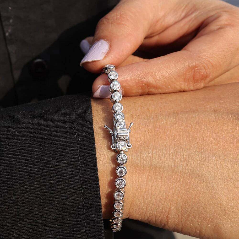 2/3/4/5mm Bezel Set Round Bubble Full Moissanite Diamond Tennis Bracelet for Women Men 925 Sterling Silver Couple Bracelet Gift