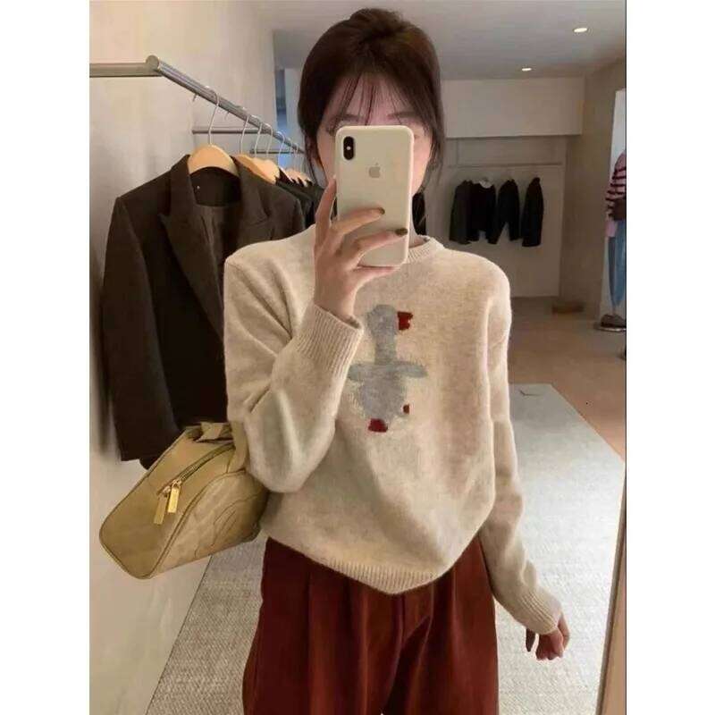 Korean Round Neck Pure Cashmere Female Cartoon Ducklings Jacquard Autumn And Winter New Loose Base Sweater 20250809