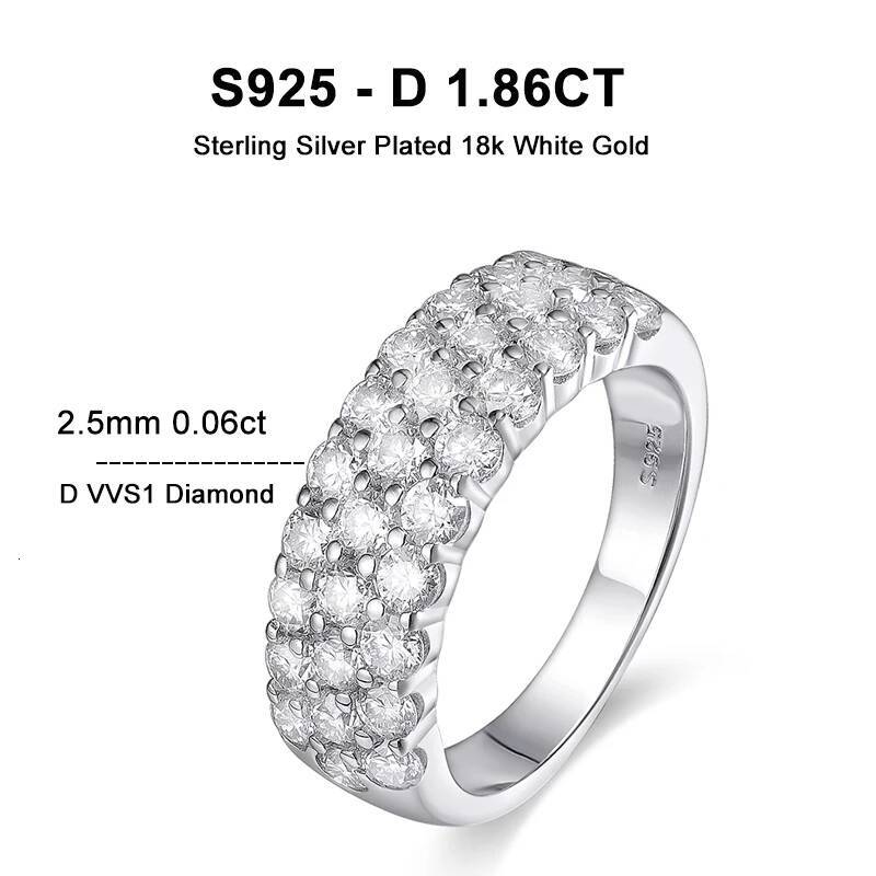 KNOBSPIN D VVS1 Moissanite Rings for Women Solid 925 Sterling Silver Plated 18k White Gold 3-Row Half Eternity Anniversary Band