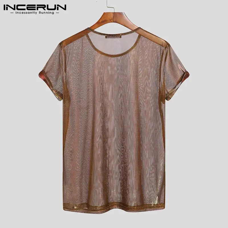 INCERUN Men T Shirt Mesh See Through Shiny O Neck Short Sleeve Sexy Tee Tops Streetwear Solid Party Nightclub Men Clothing 250813