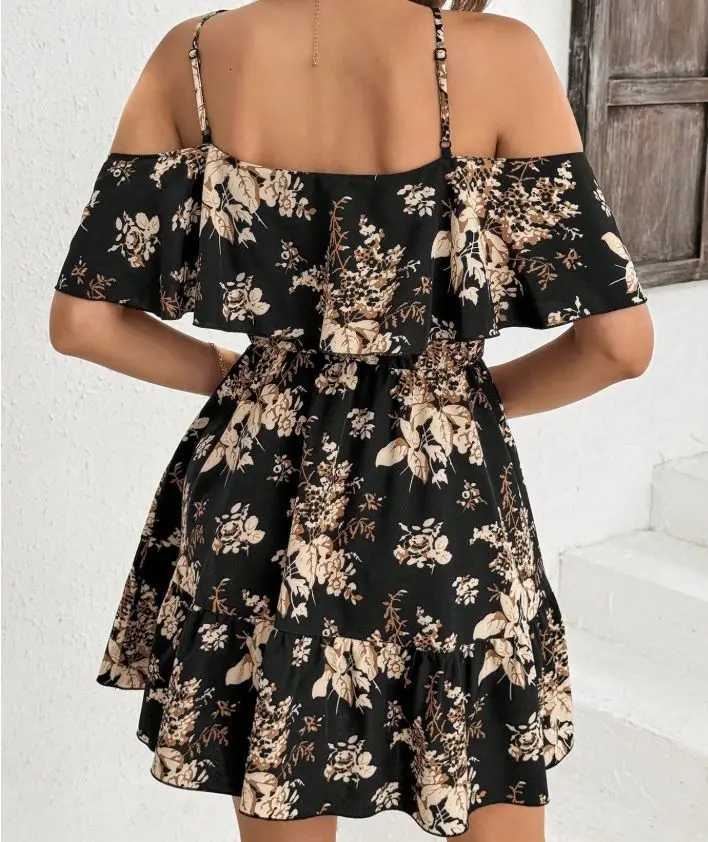 100% Cotton Printed Halter Neck Mini Dress Womens Bowed Waist Pleated Skirt Short Sleeve V-neck Gown for Ladies Fashionable XJ250814