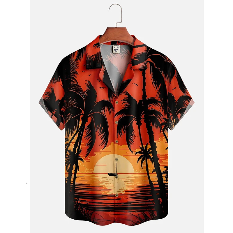 Mens Hawaii Summer Dusk Pattern Casual Shirt 3D Beach Funny Short Sleeve Womens Clothes Blouse Floral Y2k Tops 4XL 250804