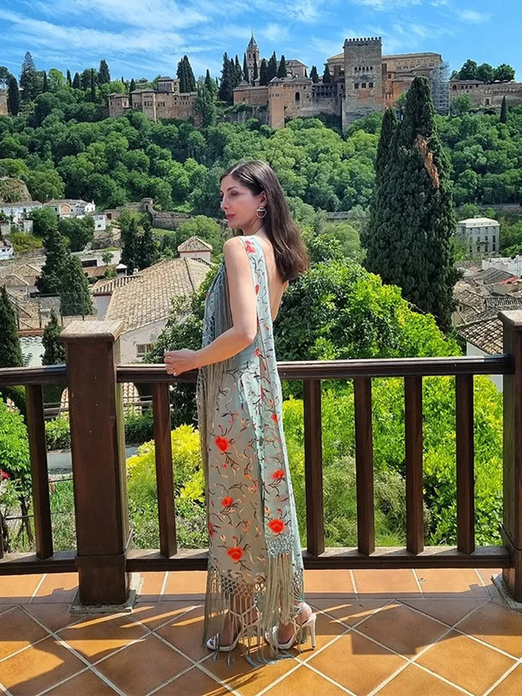 Print Tassels One-piece Long Dress Women Elegant Scarf Collar Sleeveless Backless Slim Party Dresses Fashion Ladies Vestidos 250813