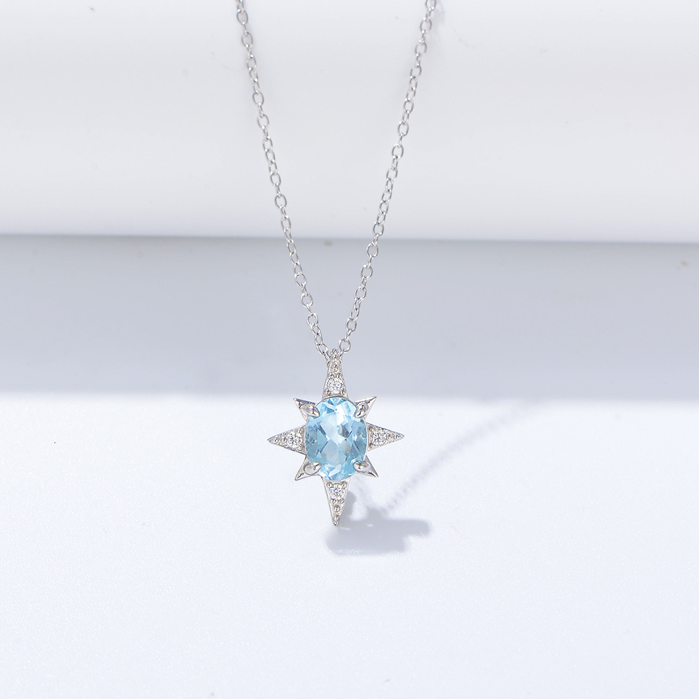 S Pure Sier Eight-Pointed Star Pendant Simple Sky Blue Natural Topaz Collarbone Chain Necklace for Women Trendy