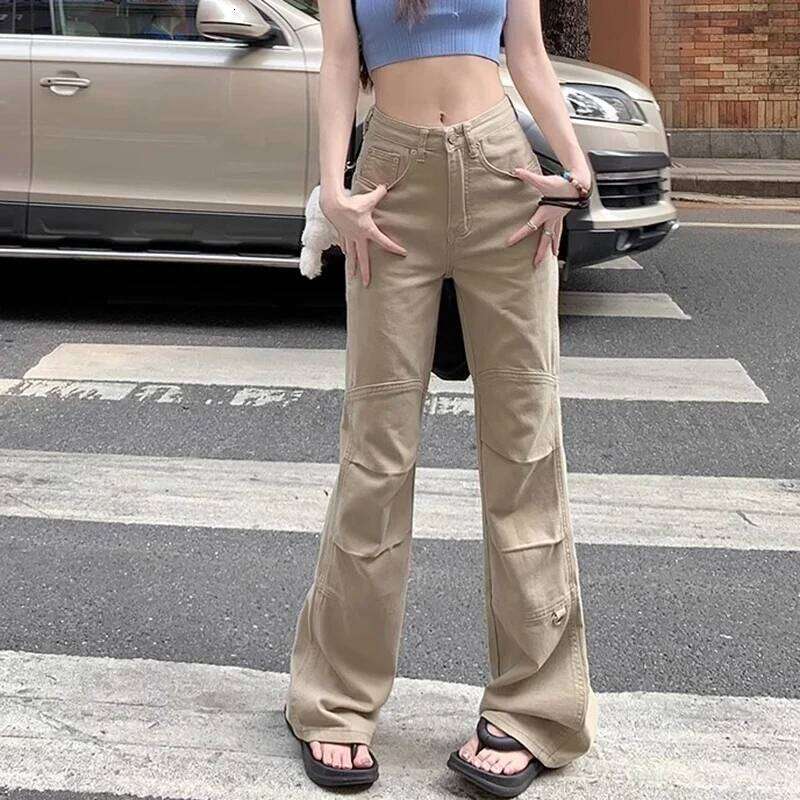 Woman High Waist Fashion Loose Flare Jeans Female American Casual Bell Bottom Pants Girls Designer Khaki Denim Cargo Trousers