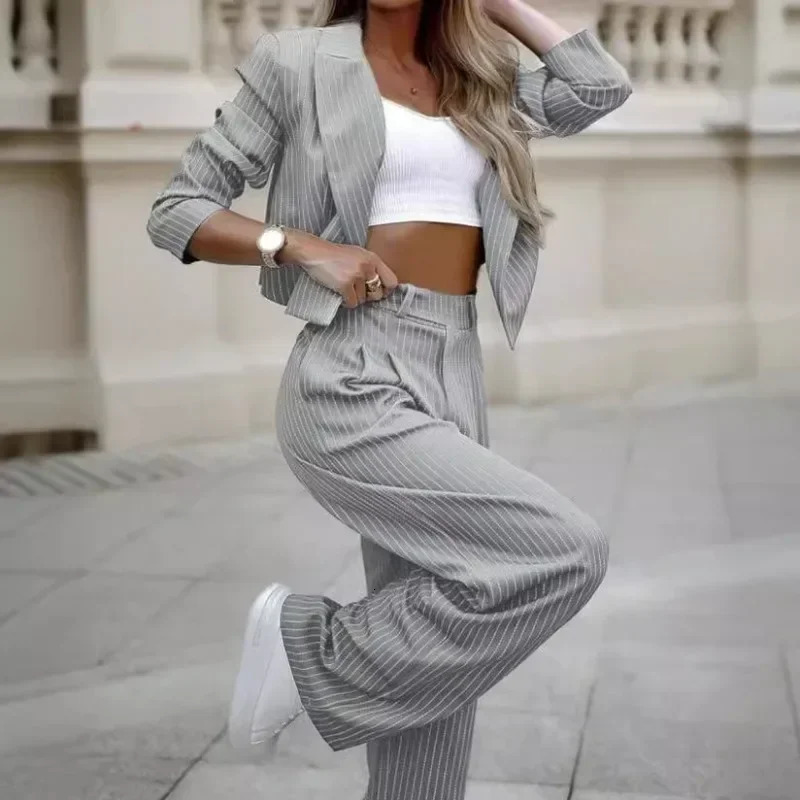 Mandylandy Casual Striped Suit Outfits Summer Short Style Lapel Trousers Stripe Blazer Coats StraightLeg Pants 250812