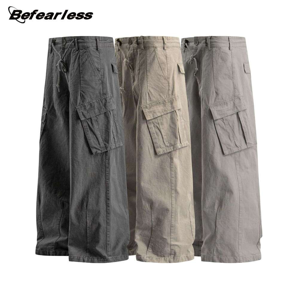 American Style Washed Vintage Work Unisex Trendy Loose Straight Wide Leg Casual Pants B5