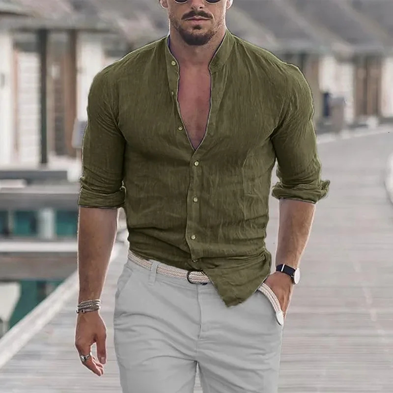 Mens Cotton Linen Shirts Solid Color Mock Neck Long Sleeve Oversize Top Handsome Fashion Shirt 250813