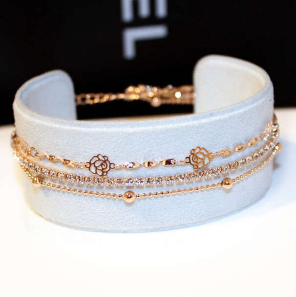 Fashion Korean Style Exquisite Three-Layer Inlaid Rhinestone Hollow Flower Bracelet Bangle Gold-Plated Color-Retaining Women S00096