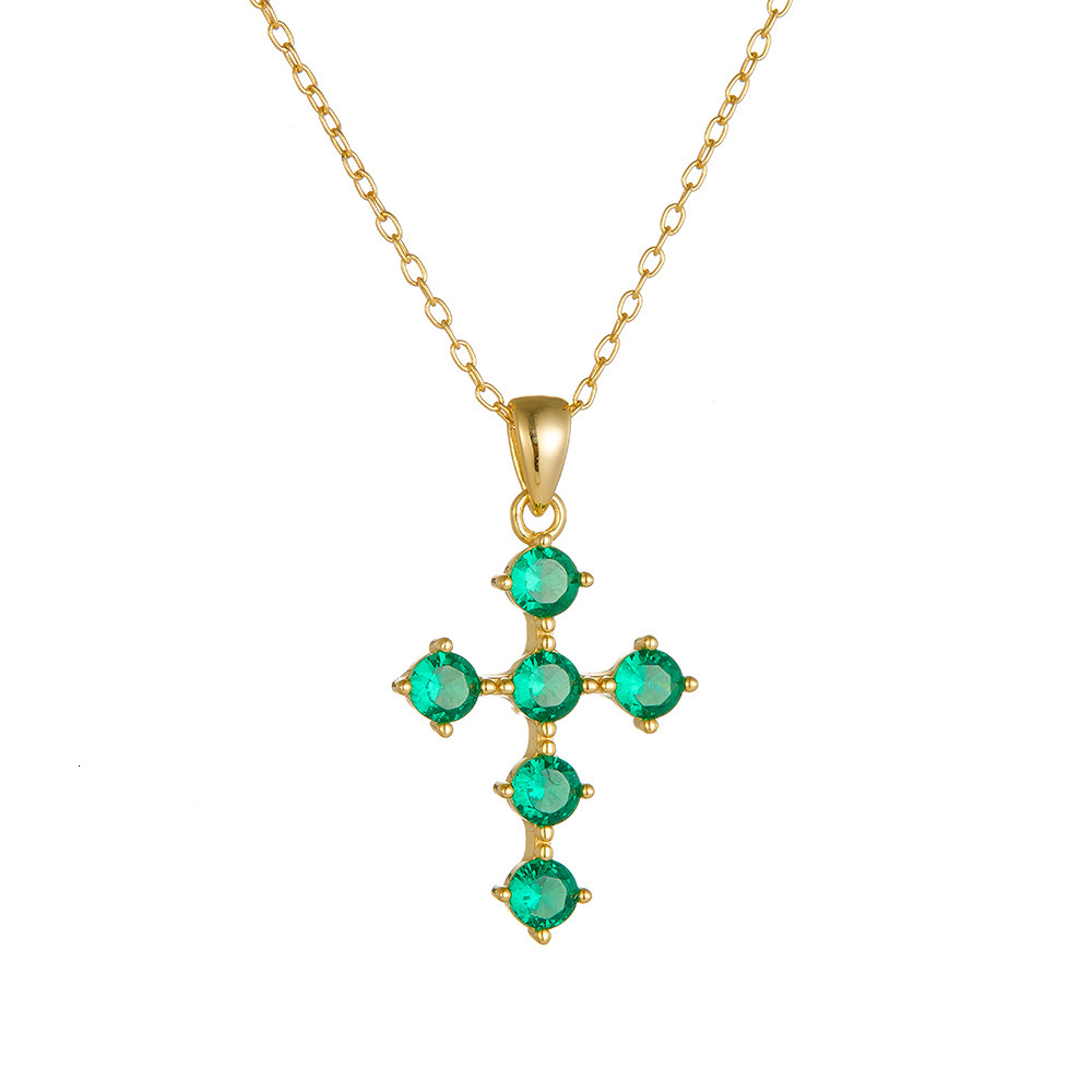 Ins Style Light Emerald Zircon Cross Pendant Necklace for Women Pure Sier Clavicle Chain