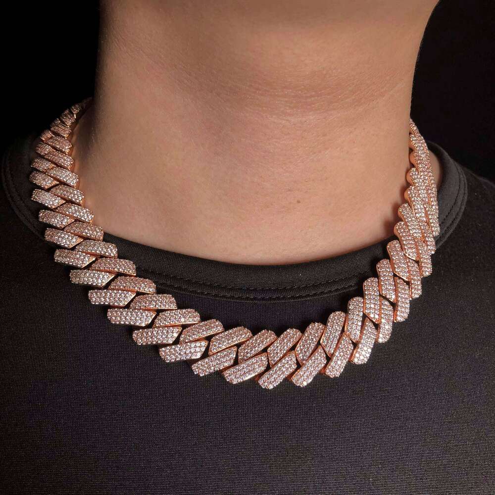 19mm Fork Ice Cuban Chain 3 Rows Rose and White Gold