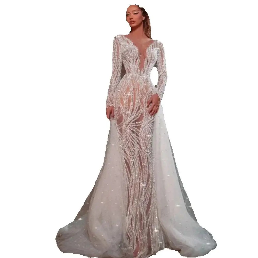 Fashion Sequined Lace Wedding Dress Sparkly Pearls Long Sleeve Bridal Gown Floor Length Bride Dresses Customized