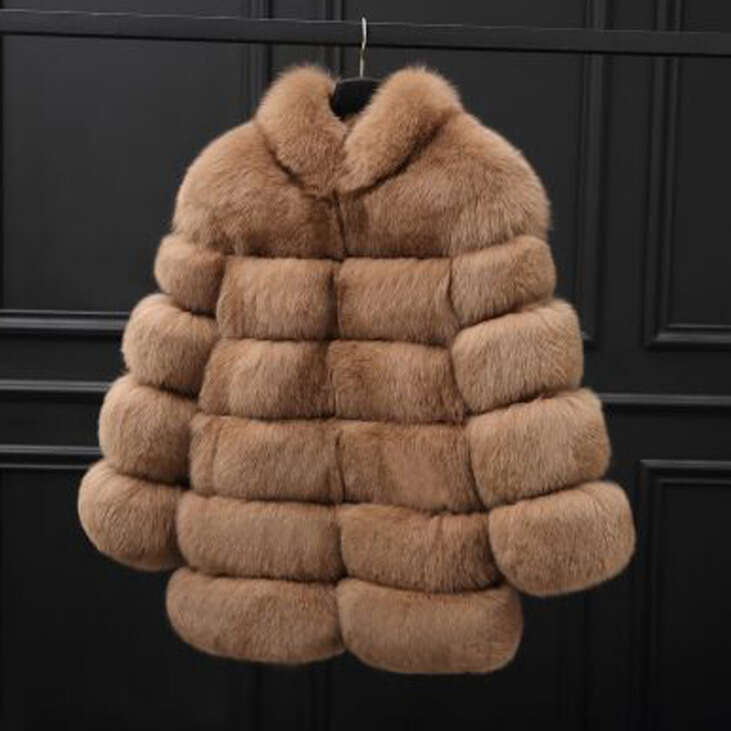 Women's Clothing Mid Length Stand Up Collar Simulated Coat Fox Fur