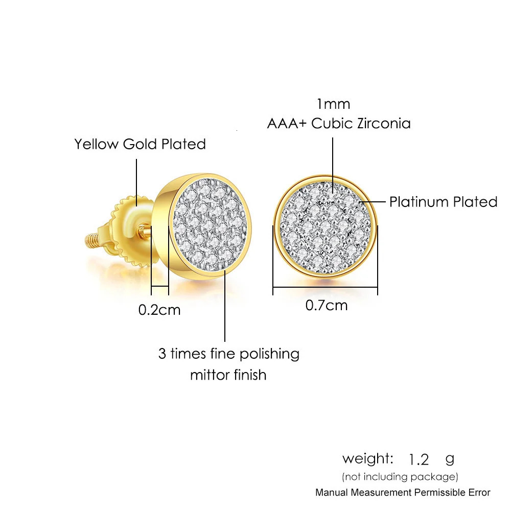 Punk Male HipHop Round Small Screw Back Earring Full White Zircon Stud Earrings For Men Women Gold Silver Color Party Jewelry 250812