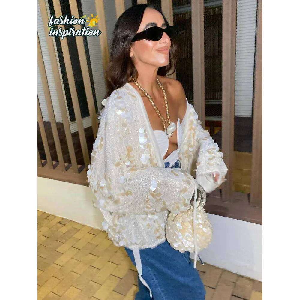 Designer Clothing 2025 Fashion Sparkling Beaded Short Loose Jacket V Neck Long Sleeve Lace Up Cardigans 2025 Spring Female Elegant Streetwear