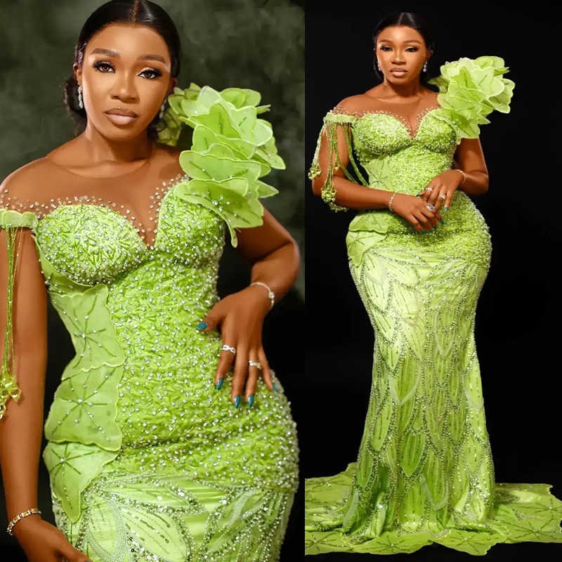 2025 Mermaid Plus Size Mint Prom Dresses For Black Women Aso Ebi Illusion Sheer Neck Short Sleeve Flora Beaded Lace Tassel Birthday Dress Second Recep