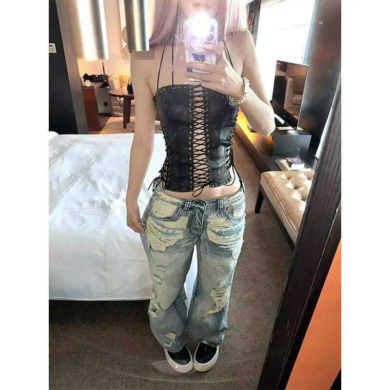 American High Street Vintage Ripped Jeans Women's New Low Rise Retro Straight Leg Floor Pants Female Clothing