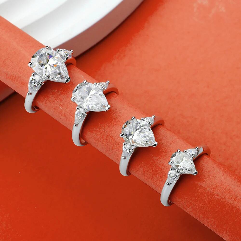 BXINY GRA Certified Pear Cut All Moissanite Ring S925 Silver for Women 3 Stones WaterDrop Diamond Wedding Band Gift Fine Jewelry