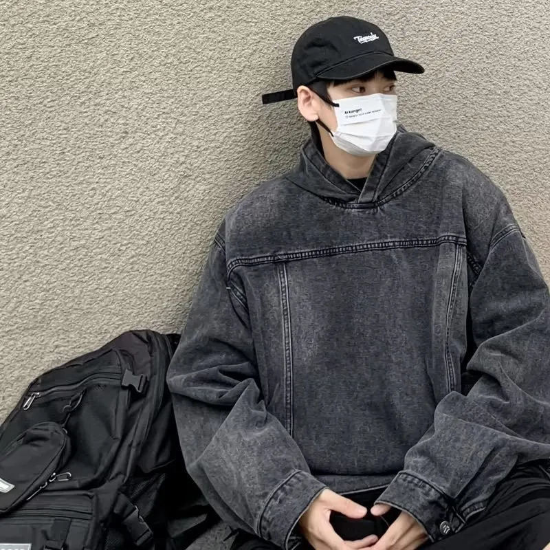American Washed Retro Denim Hoodie Mens Sense Hooded Y2k Harajuku Autumn And Winter Fashion Trend Heavy Oversize Coat 250813