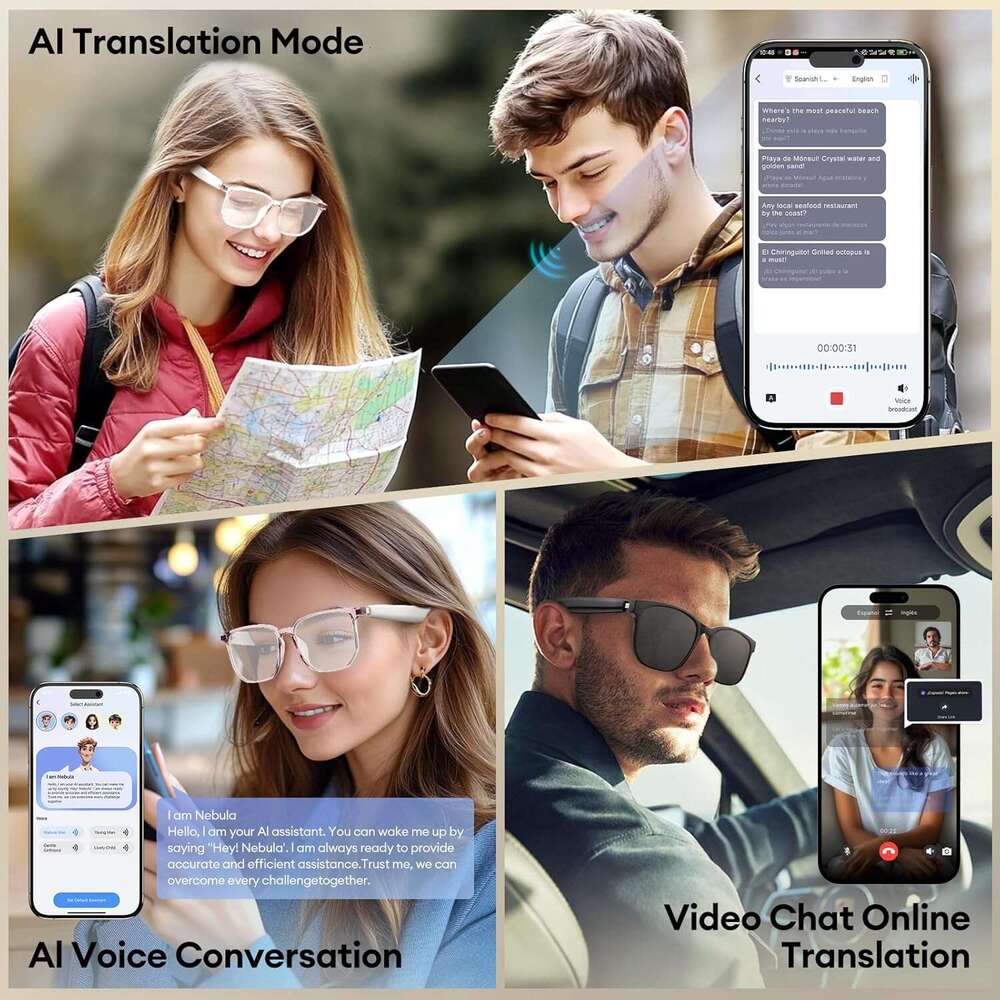 AI Bluetooth 5.4 Translation Glasses, with 144 Languages Accents, Blue Light Filter Lenses, Multifunctional Smart Glasses for Men and Women, Travel Me