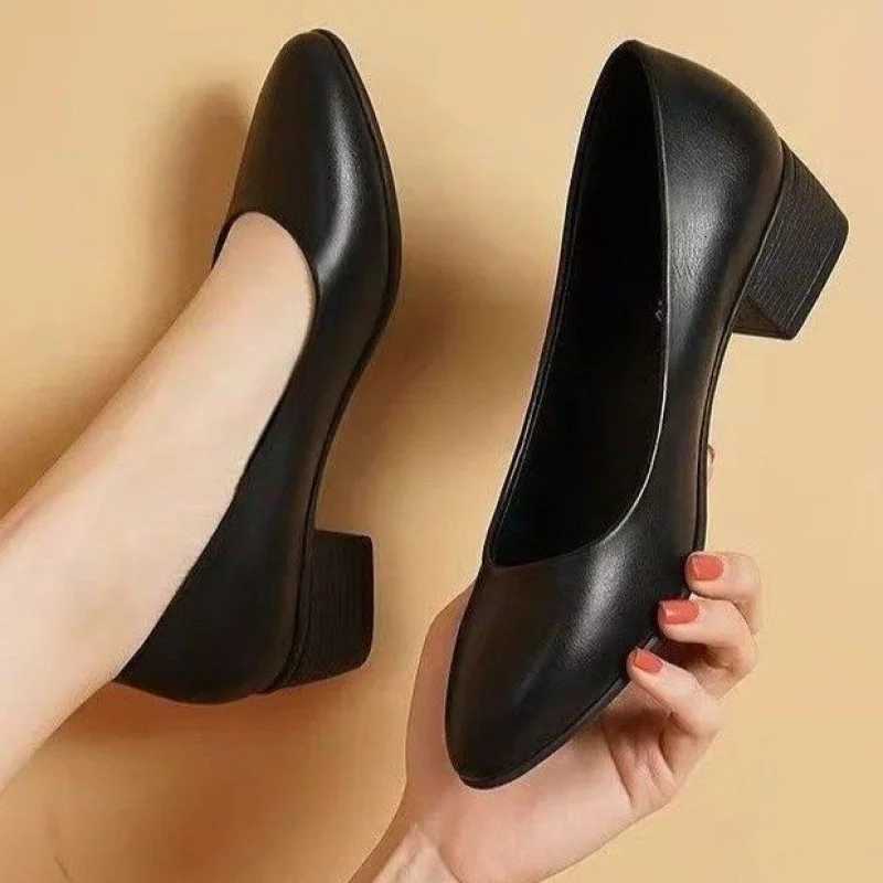 2025 New Arrival Womens Low-Heel Pumps Black Genuine Leather Formal Shoes Slip-On Commuter Comfortable Mid-Heel W250814