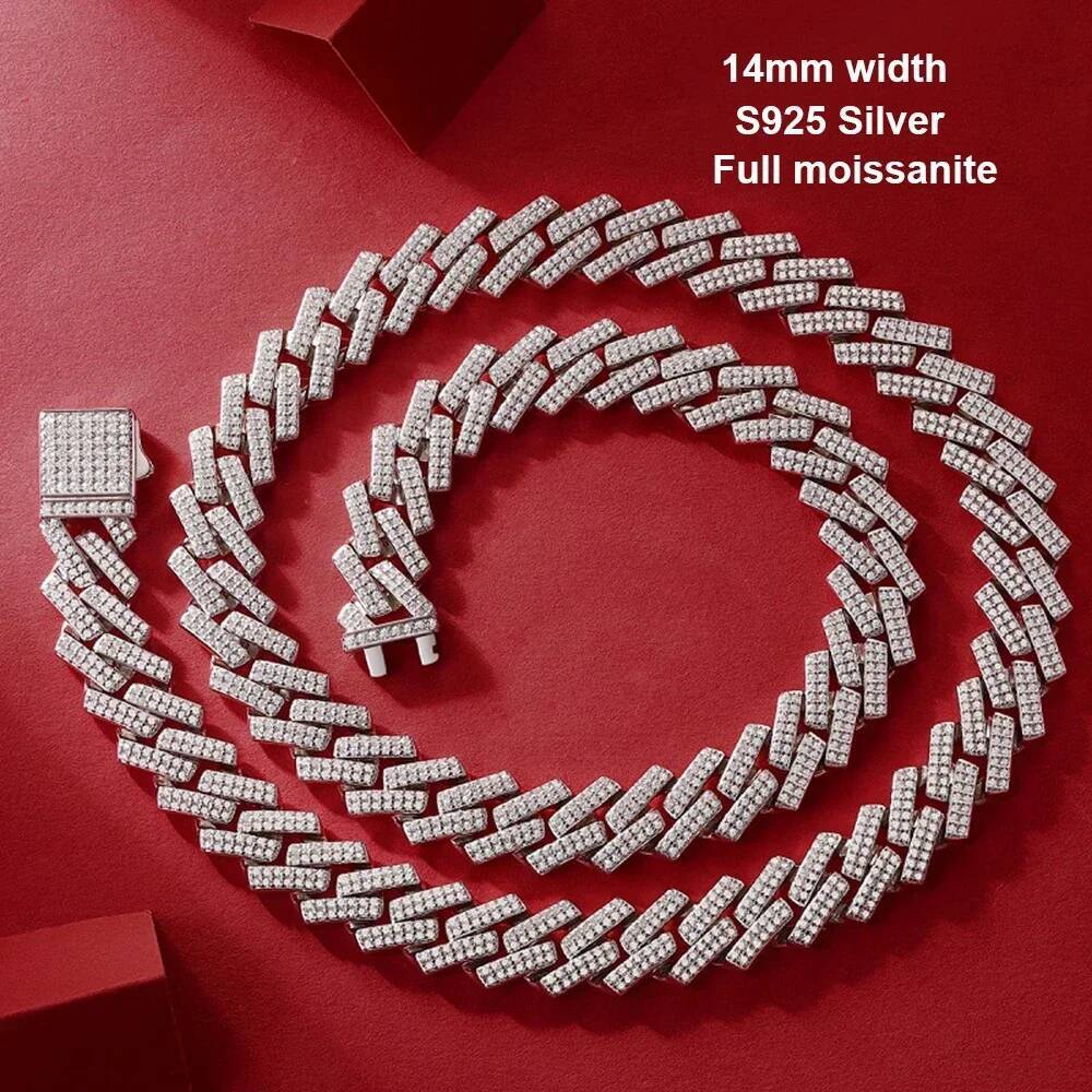 14mm D Color Full Moissanite Cuban Chain Necklace Bracelet for Men Women 925 Sterling Silver Hiphop 2 Row Stone Cuban Jewelry