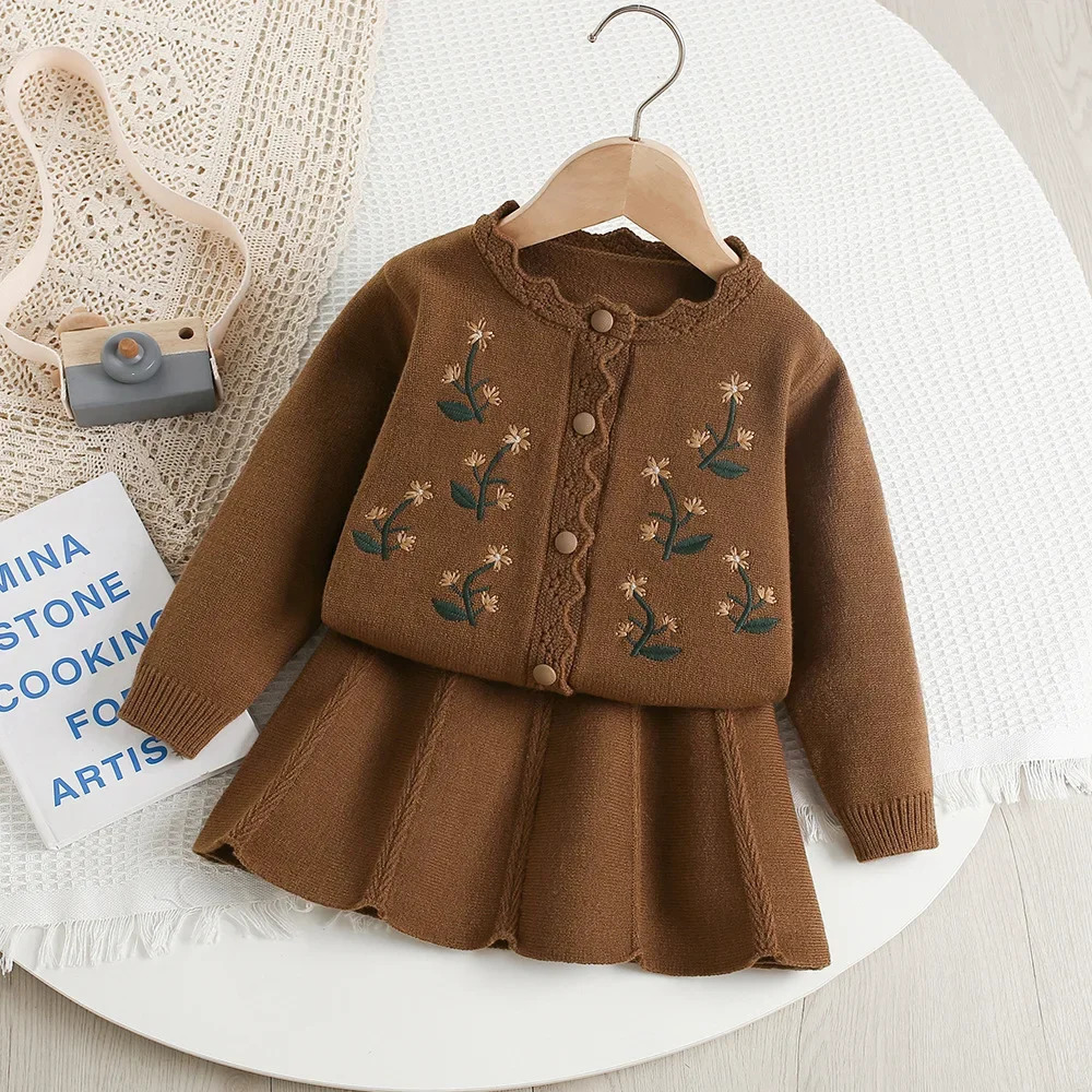 Baby Girl Clothes Girls Knitted Sweater Set Embroidered Flower Two-Piece Jacket And Pants Spring Autumn Korean Style 250813
