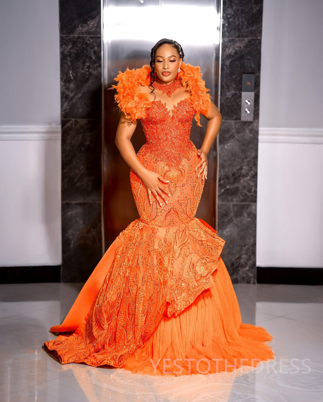 Plus Size Orange Prom Dress 2025 Evening Dresses For Special Occasions High Neck Appliqued Lace Beaded Lace Feathered Birthday Dress Second Reception 