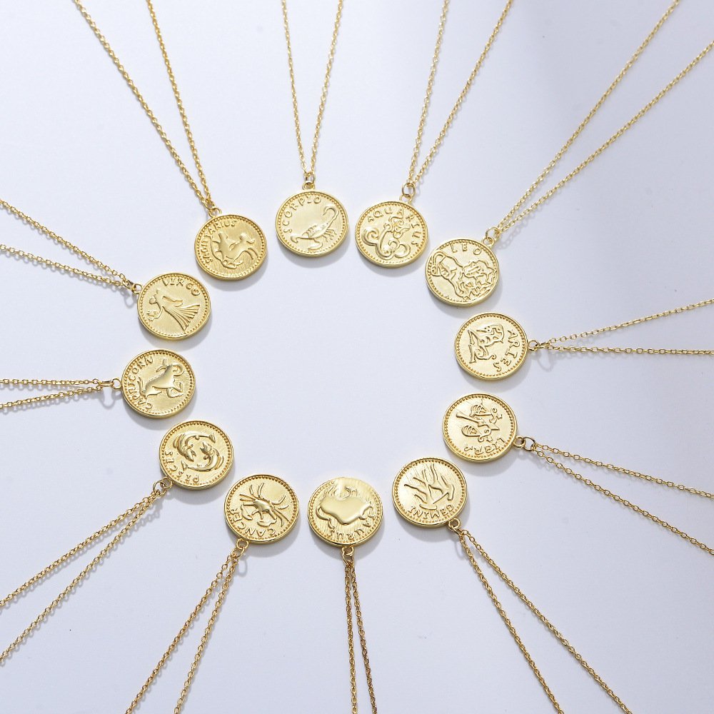 S Pure Sier Gold-Plated Coin Zodiac Necklace for Women Pendant Ins Style Trend Collarbone Chain