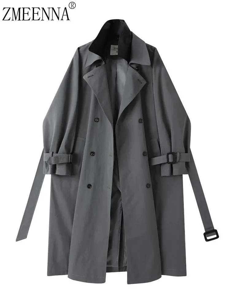 ZMEENNA Womens Gray Double Breasted Trench Coat With Belt Notched Lapel Loose Fit Long Jacket Casual Spring Outerwear ZM1062 250805