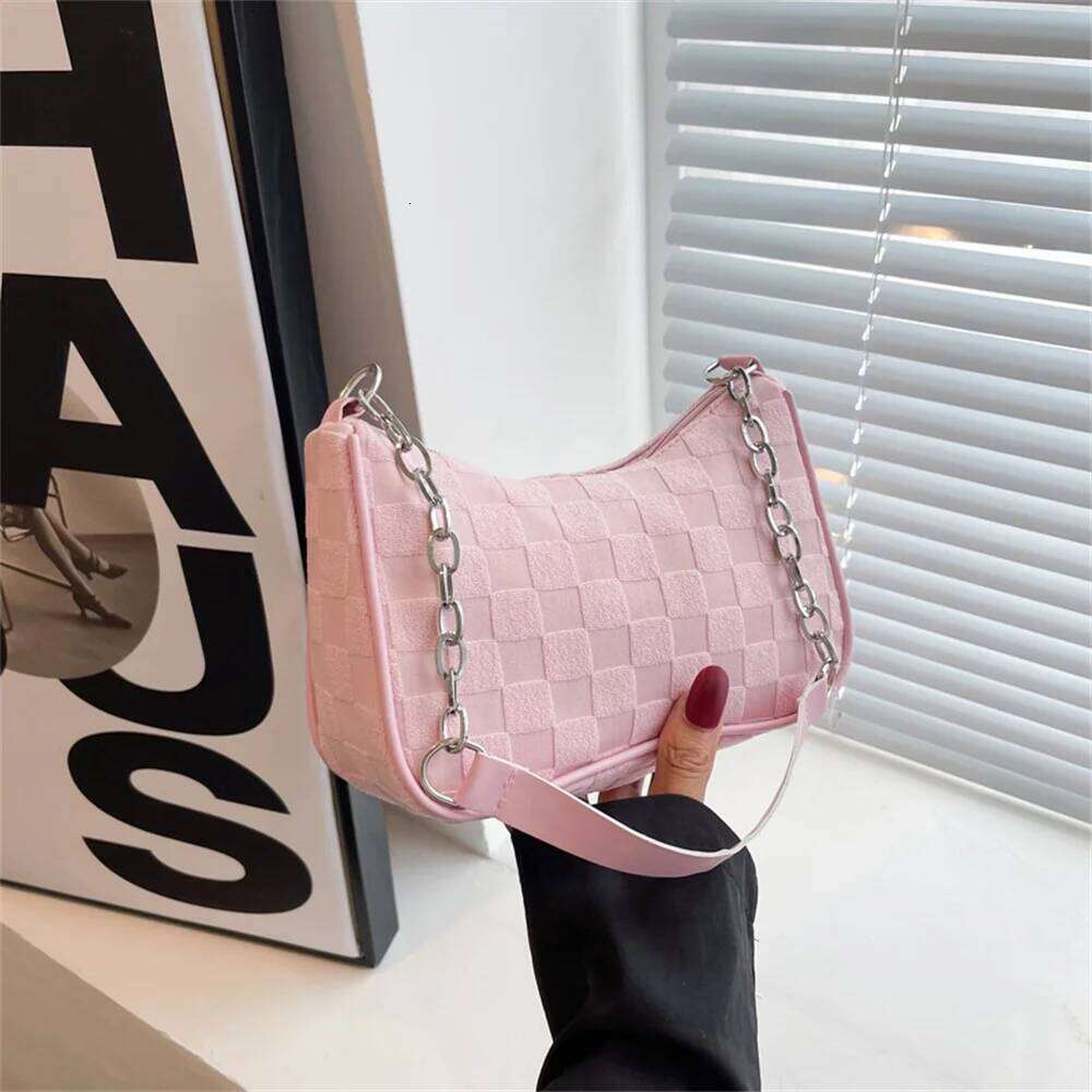 New Fashion Handbags Canvas Underarm Chain Casual Small Square Bag Simple Grid Women Shoulder Bags Female Clutch