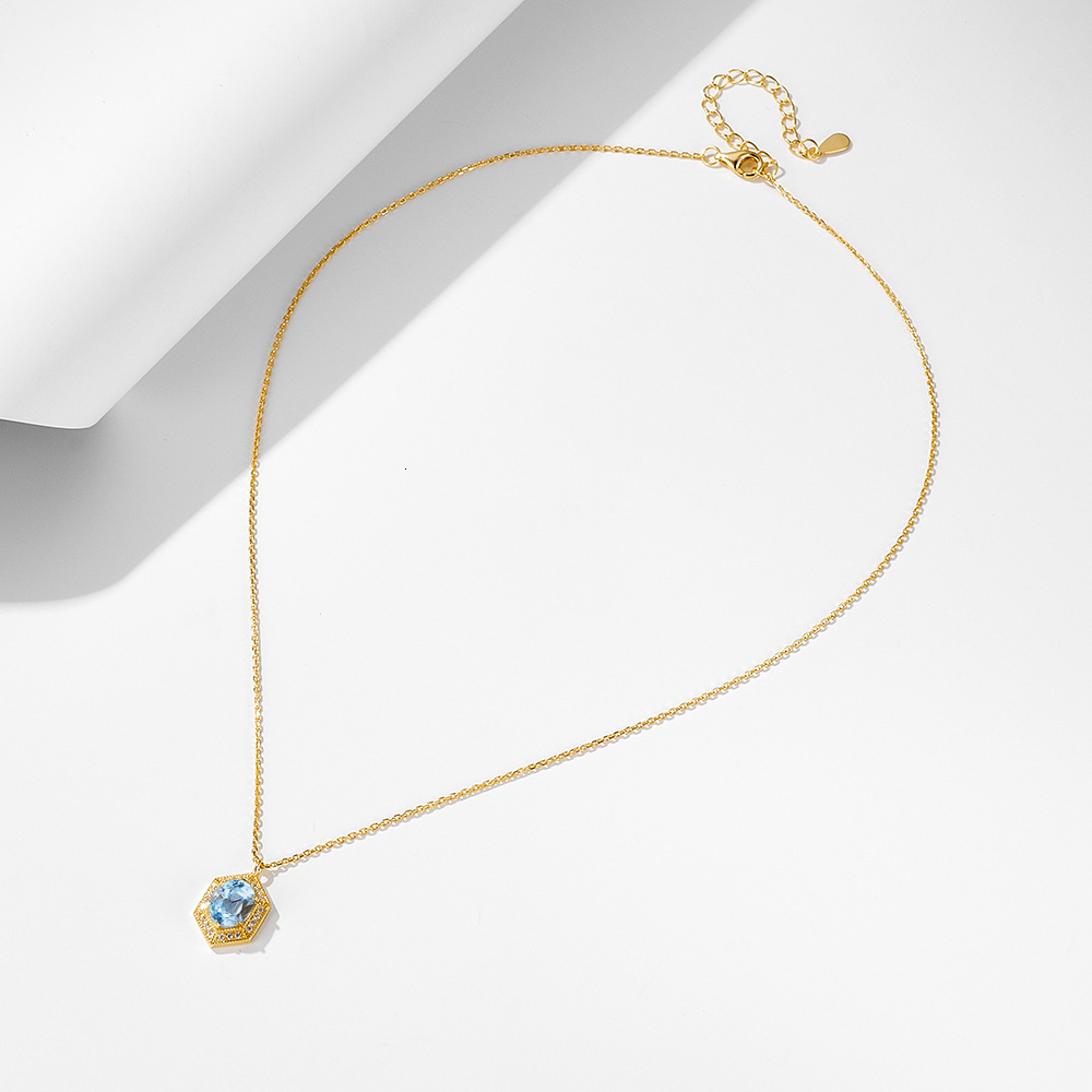 INS Simple Geometric Natural Sky Blue Topaz Sterling Sier Necklace for Women, Niche Design Sense, Light