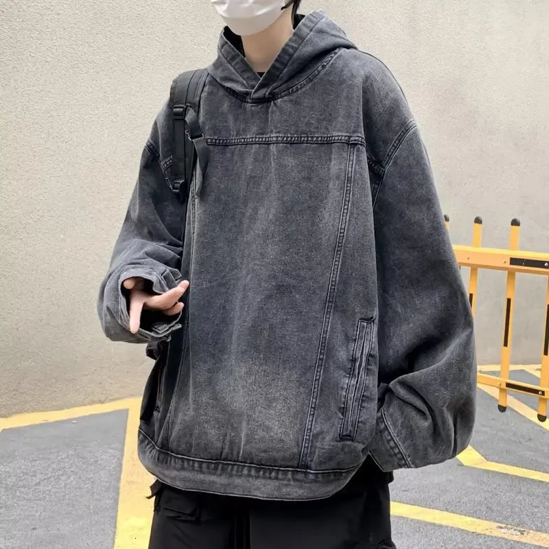 American Washed Retro Denim Hoodie Mens Sense Hooded Y2k Harajuku Autumn And Winter Fashion Trend Heavy Oversize Coat 250813