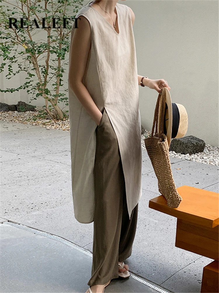 REALEFT Summer Vintage Cotton Linen Womens Dresses Sleeveless High Waist Casual V-Neck Side Split A-Line Dress Female 250813