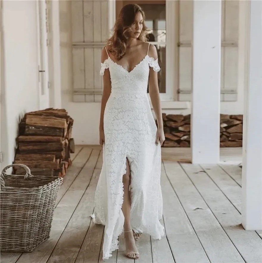 Boho Wedding Dress for Women Bride Slit Off the Shoulder Backless Lace Summer Beach Bridal Gowns Vestidos De Noiva Robes de Mariee