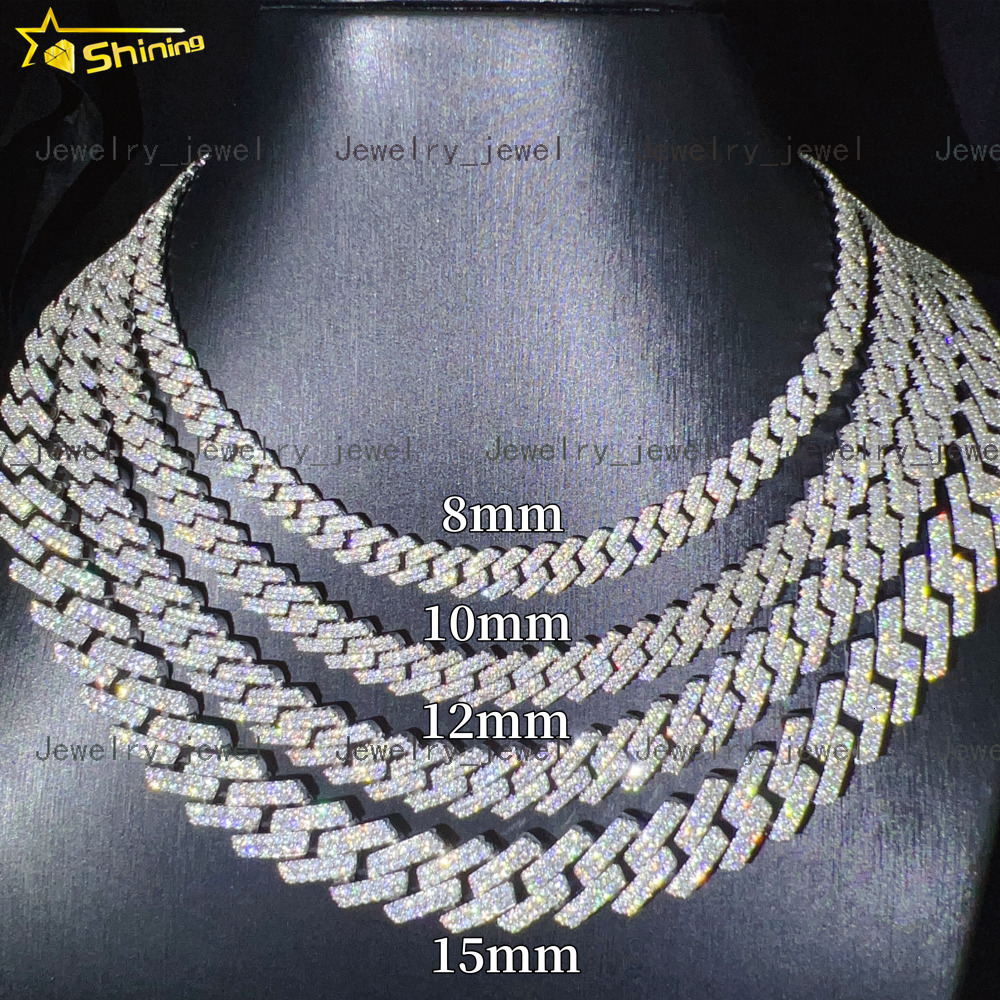 Iced Out Vvs Moissanite 2 Rows Miami Gold Cuban Chain Necklace 925 Sterling Silver Diamond Moissanite Cuban Link Chain