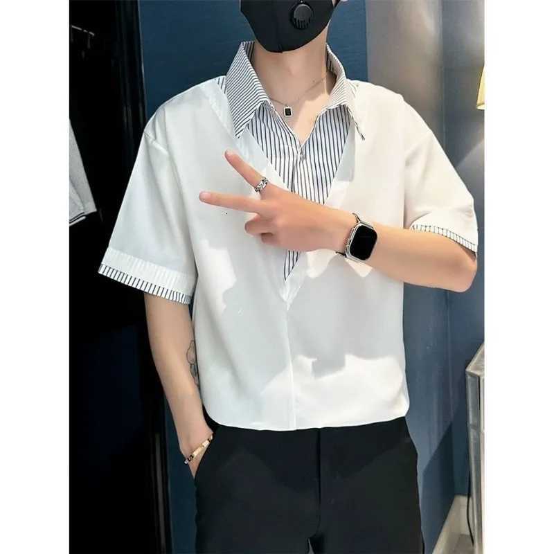 Fashion Patchwork Striped Short Sleeve Shirt Men Summer Trendy Casual XJ250804