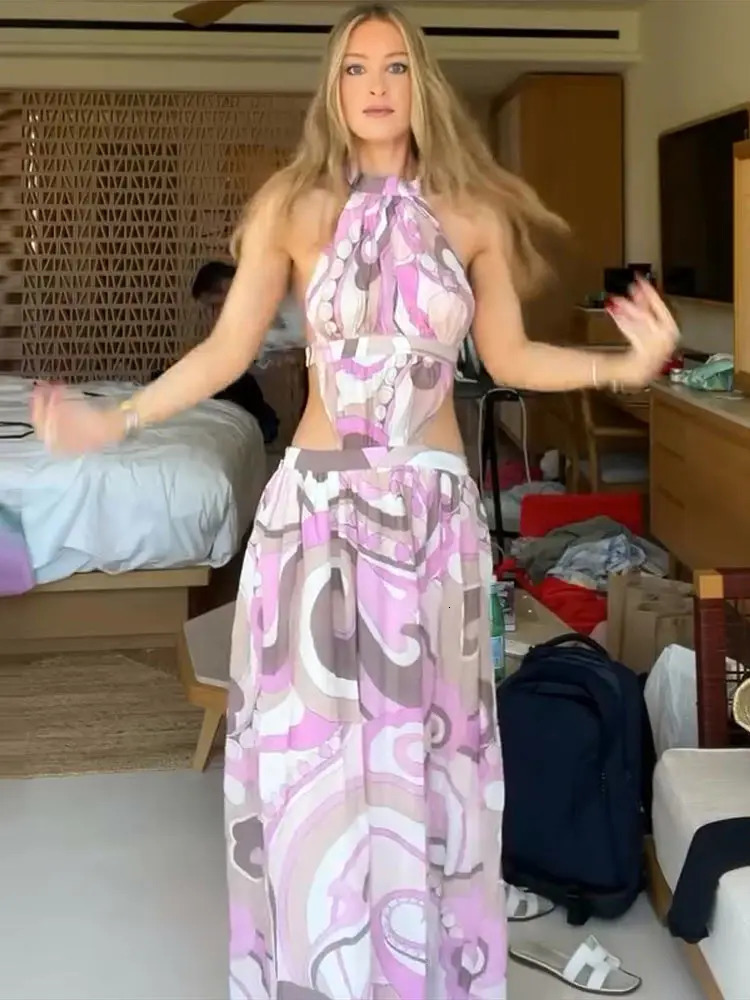 Irregular Printed Womens Long Dresses Sleeveless Backless Sexy Dress Halter Neck Top Beach Vacation Style Big Hem Lady Outsuits 250812