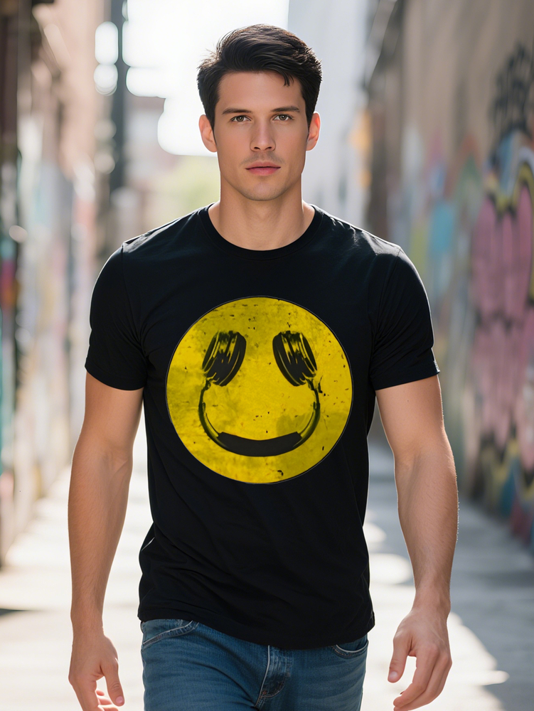 Casual Versatile Round Neck T-Shirt Yellow Background Black Headphone Print Pattern Top Men's Gift
