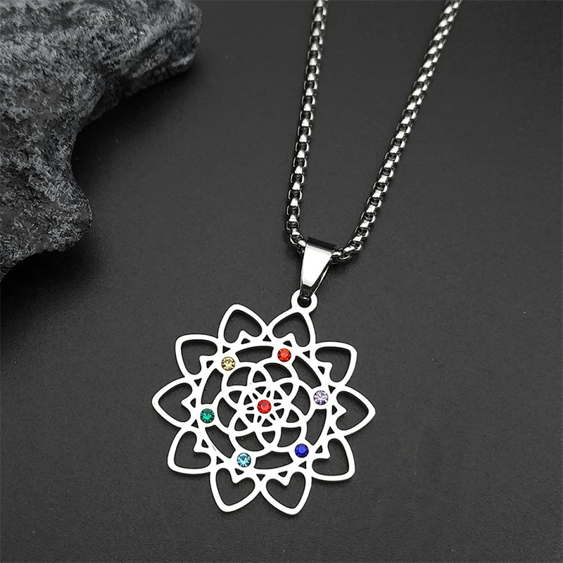 7 Chakra Sacred Geometry Metatron Heart Necklace For Women Flower Of Life Love Stainless Steel Silver Color Chain Jewelry Gifts 250812