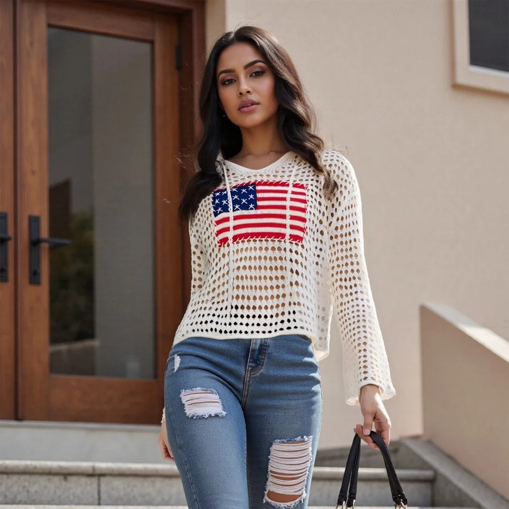 Puloru Hollow Out Knit Crochet Pullover Tops American Flag Long Sleeve Scoop Neck Sweater Womens Loose Knitwear Cover-up Smocks 250808