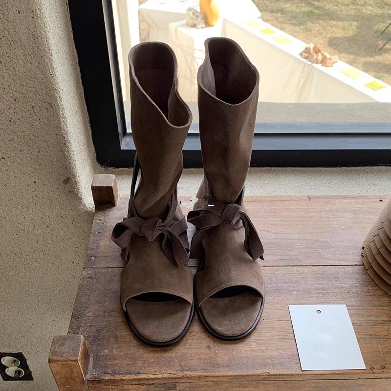 Designer Cowboy Boots Fashionable Women High Top Flats Women Summer Lace Up Open Toe Sandals Western Boots 35-40 XY74